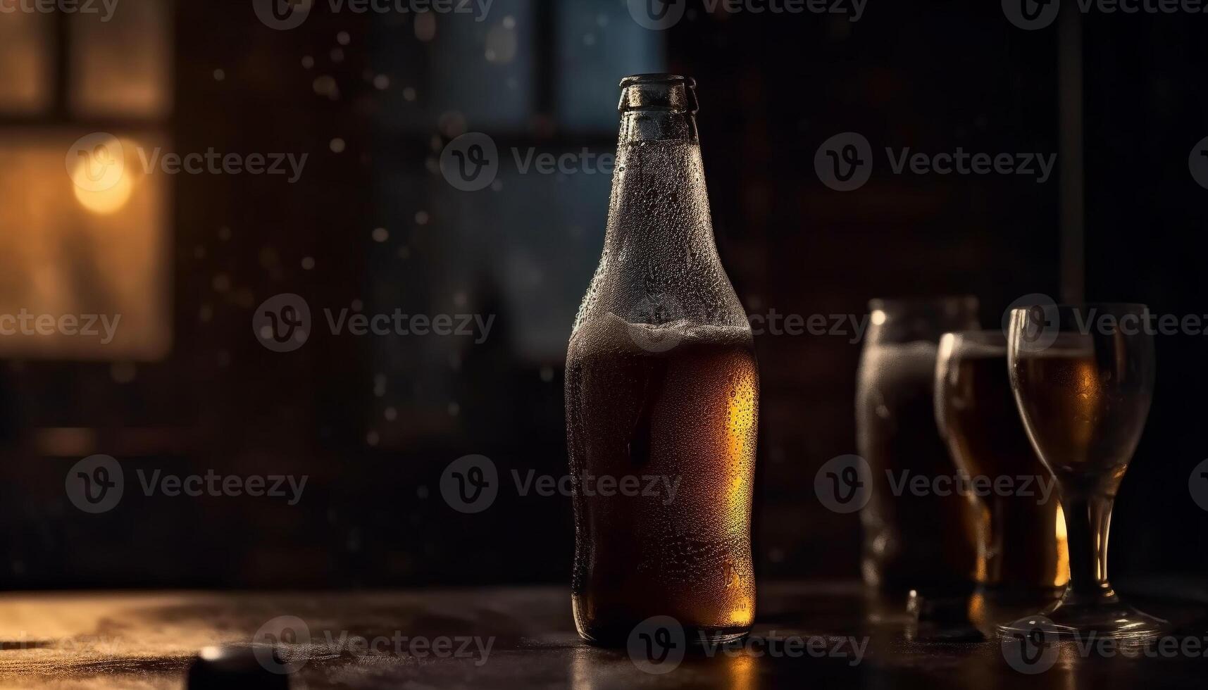 d'or liquide gouttes sur tableau, Frais Bière dans verre pour relaxation généré par ai photo