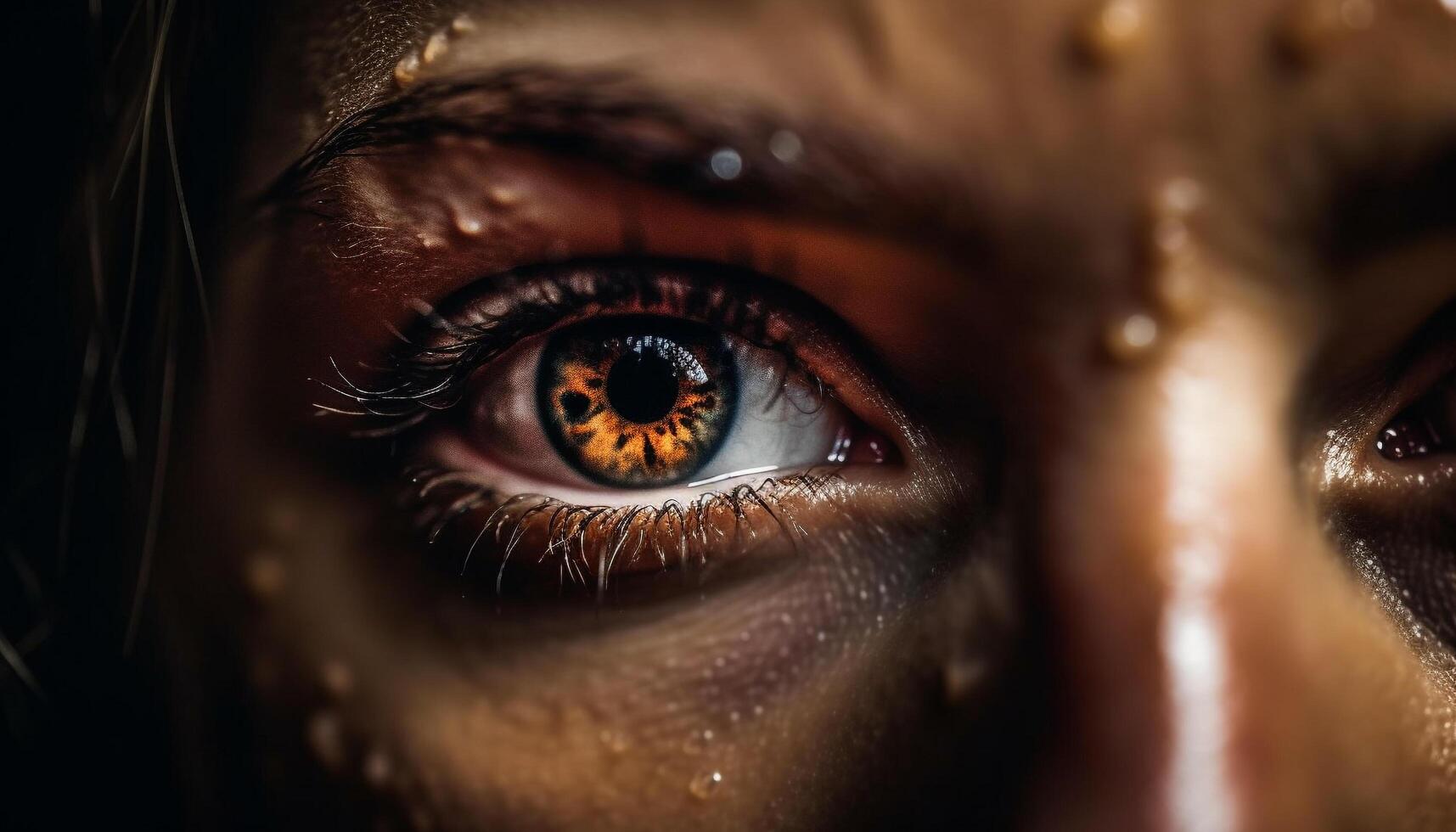 magnifique Jeune femme regarder sensuellement avec humide cils en plein air généré par ai photo