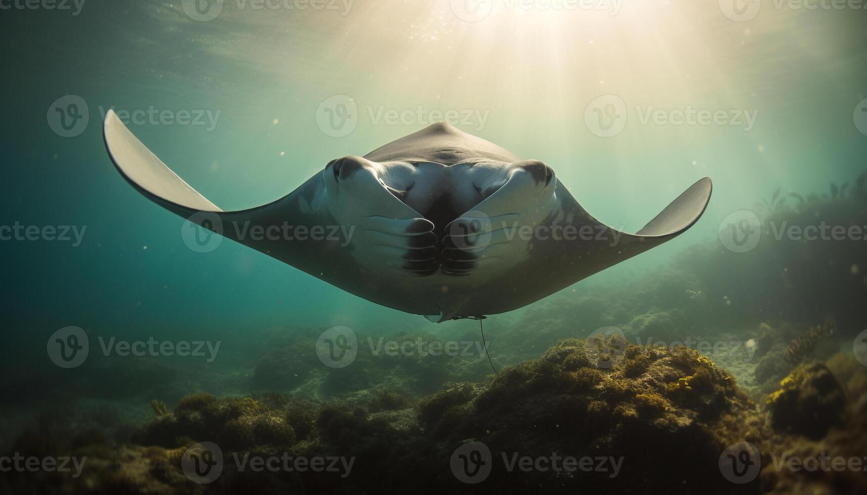 majestueux aquatique mammifère nager dans Profond bleu l'eau près récif généré par ai photo