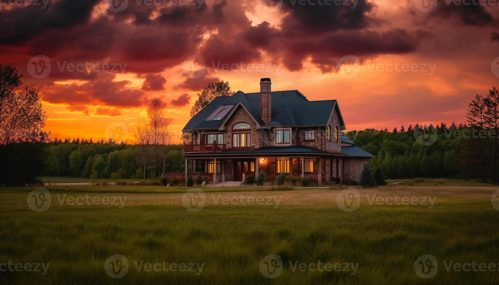 tranquille crépuscule s'installe plus de rural paysage, Prairie et forêt généré par ai photo