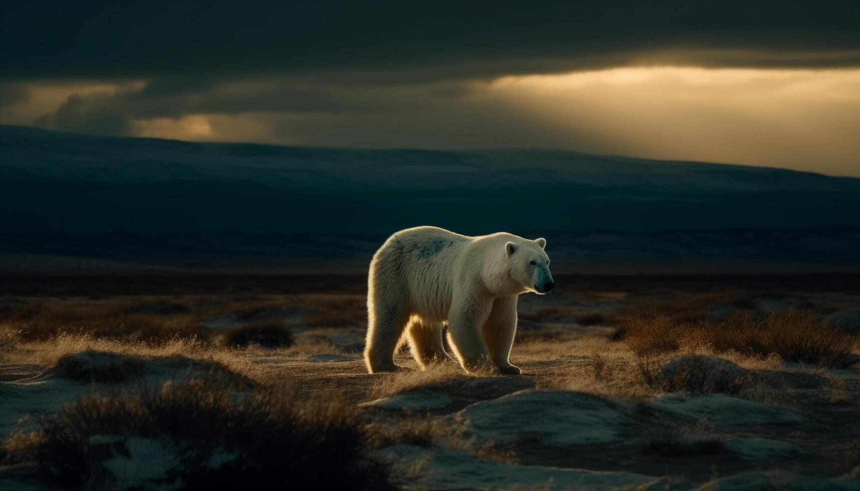 majestueux Arctique mammifère permanent dans éloigné hiver paysage, rétro-éclairé le coucher du soleil généré par ai photo