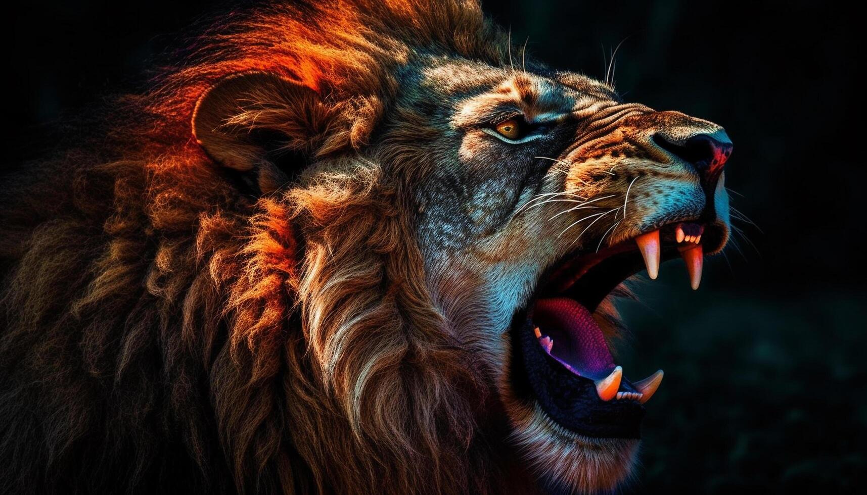 majestueux Lion rugissement avec fureur, montrant tranchant les dents et langue généré par ai photo