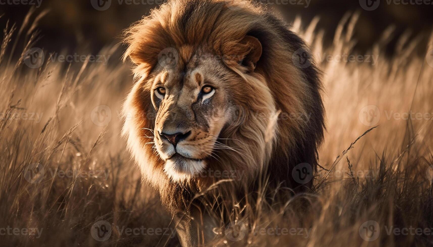 majestueux Lion en marchant dans le savane, cache dans plaine vue généré par ai photo