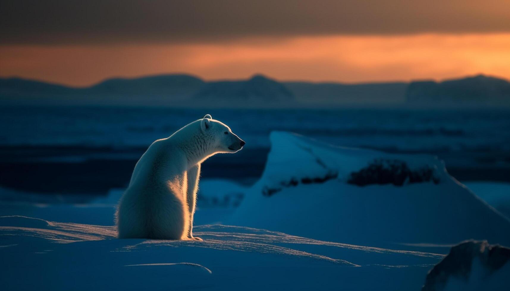 majestueux Arctique mammifère sur tranquille la glace banquise à le coucher du soleil généré par ai photo