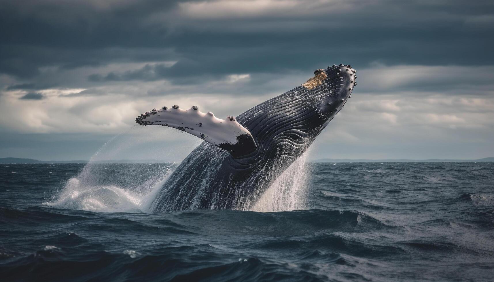 majestueux géant mammifère violer, éclaboussures, queue ailette agitant, baleine en train de regarder généré par ai photo