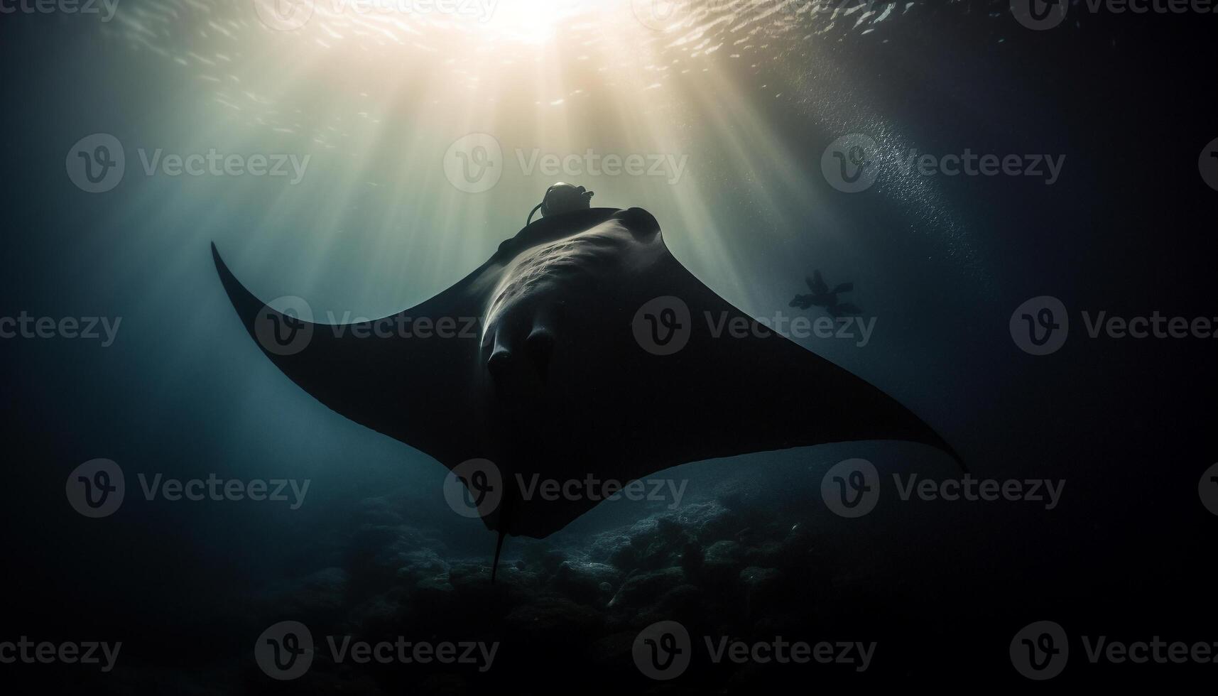 Profond mer plongée aventure majestueux manta rayon silhouette dans sous-marin paysage généré par ai photo