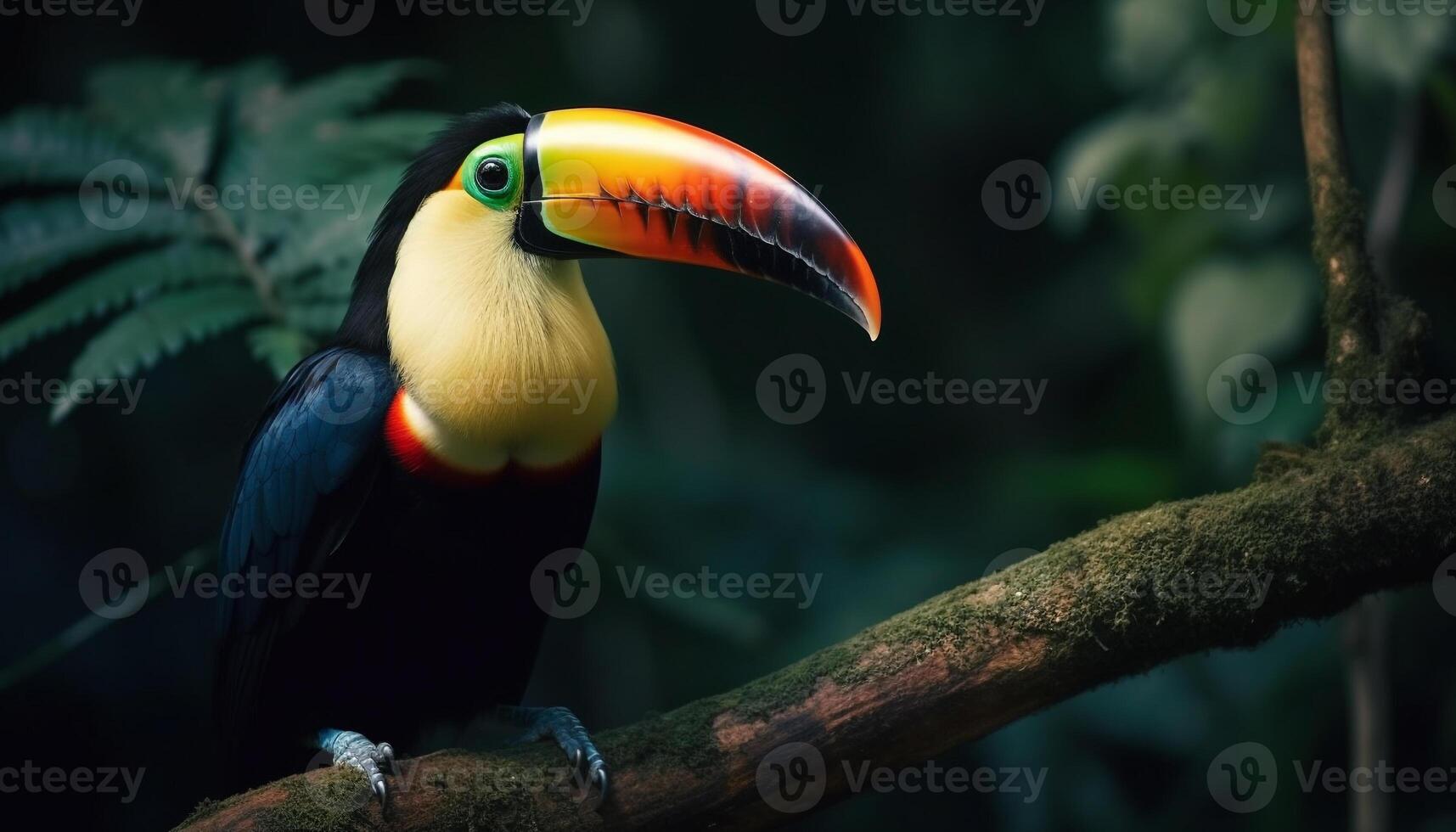 vibrant toucan se percher sur branche dans tropical forêt tropicale beauté généré par ai photo