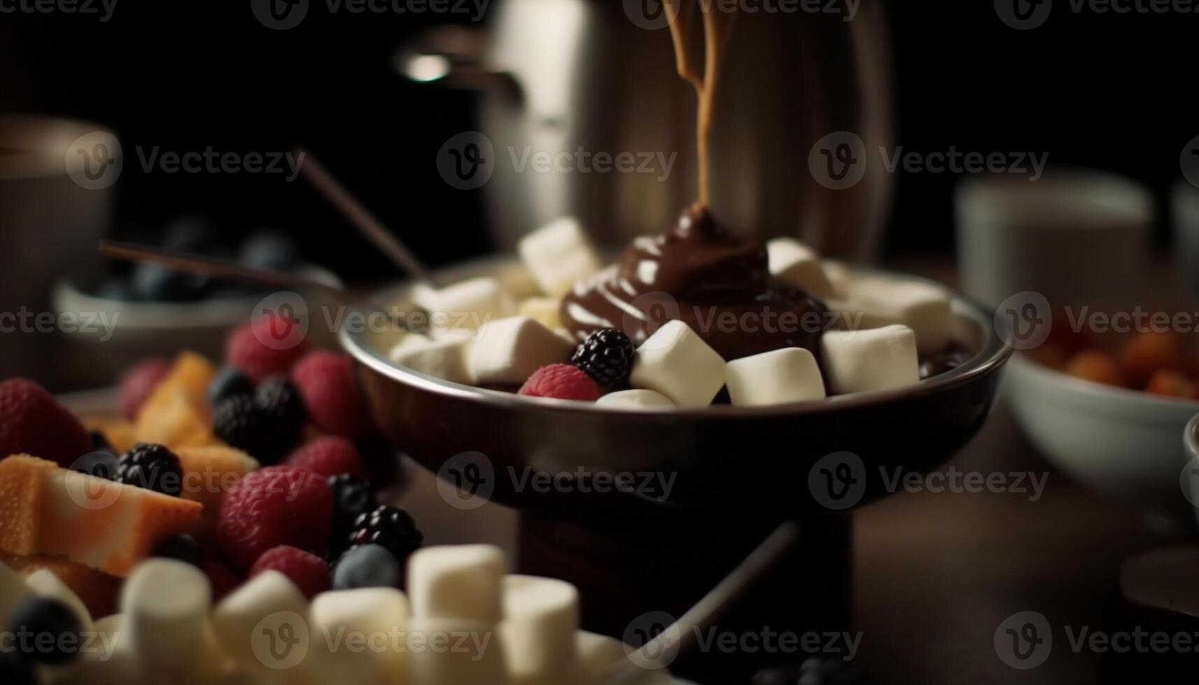 gourmet dessert bol avec Frais baies et Chocolat indulgence génératif ai photo