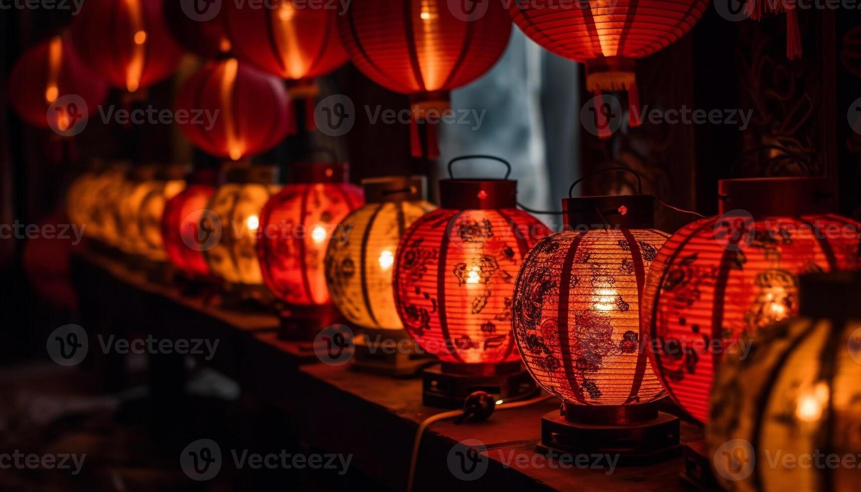 chinois lanternes embrasé dans le nuit, une traditionnel fête décoration génératif ai photo