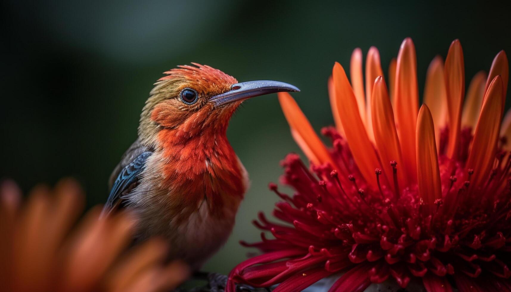 vibrant colibri perchoirs sur bifurquer, polliniser violet Marguerite génératif ai photo