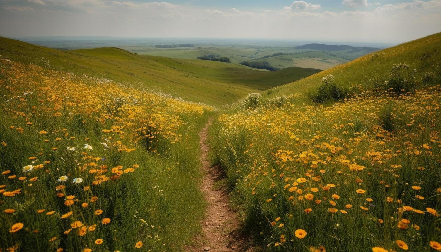 panoramique Montagne gamme, tranquille prairie, Jaune fleurs sauvages, idyllique paysage aventure génératif ai photo