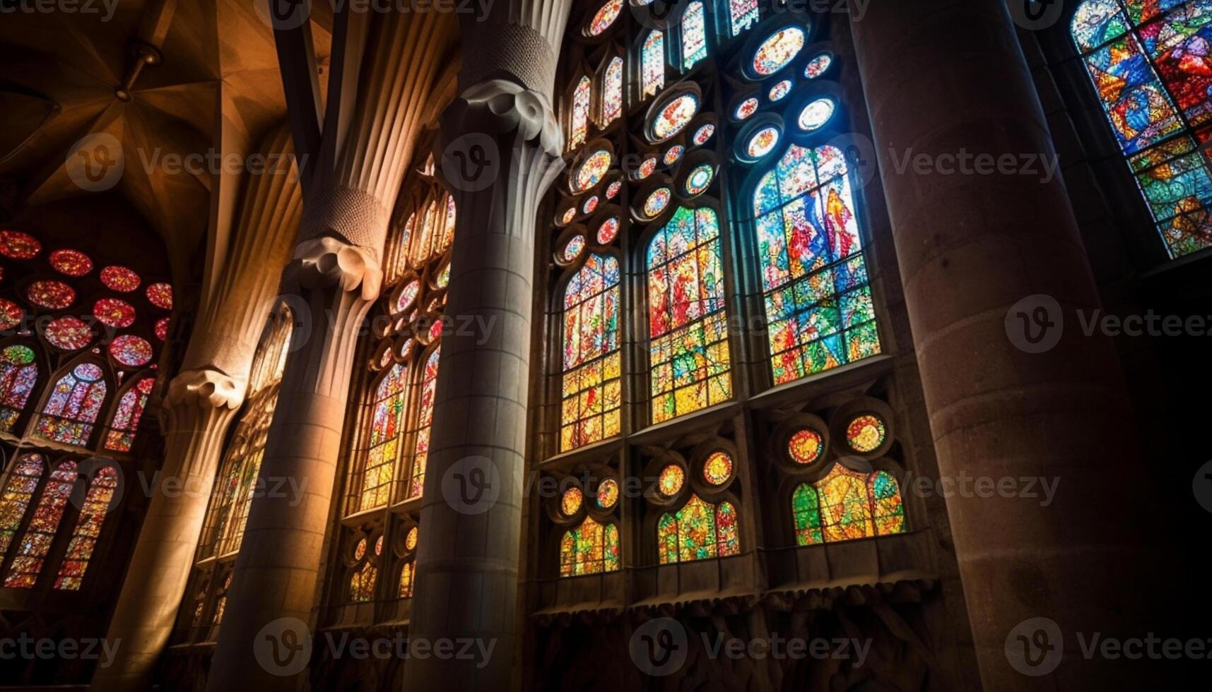 majestueux gothique Basilique avec coloré verre les fenêtres et illuminé autel génératif ai photo