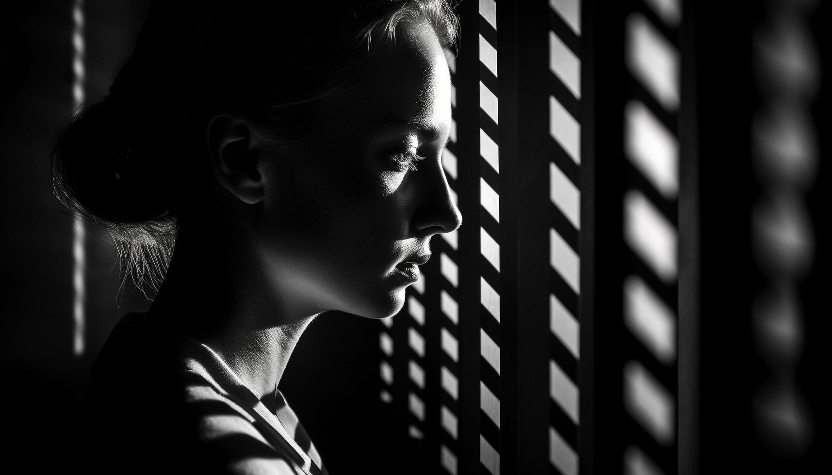 Jeune adulte femme dans solitude, à la recherche en dehors fenêtre avec tristesse généré par ai photo