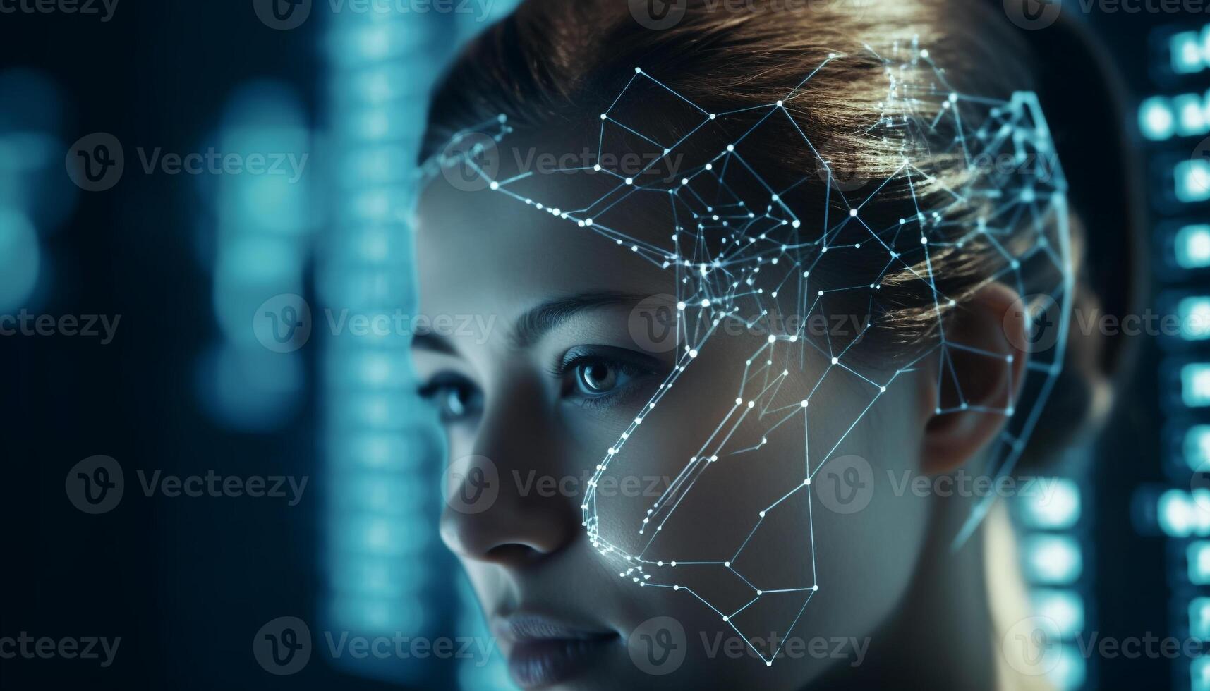 futuriste Jeune adulte travail sur embrasé ordinateur dans virtuel réalité généré par ai photo