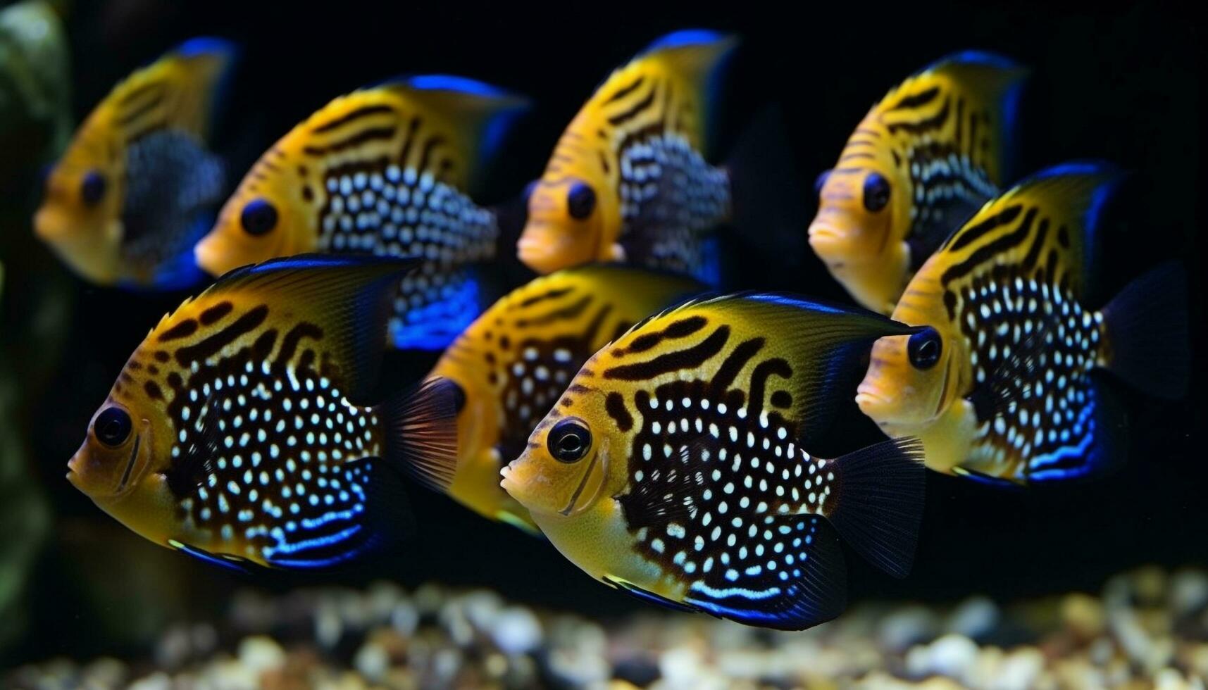 vibrant école de rayé pitre poisson dans fleuri corail récif généré par ai photo