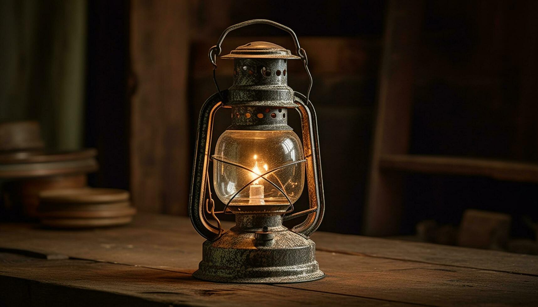 rustique lanterne illumine vieux façonné camping table avec embrasé flamme généré par ai photo