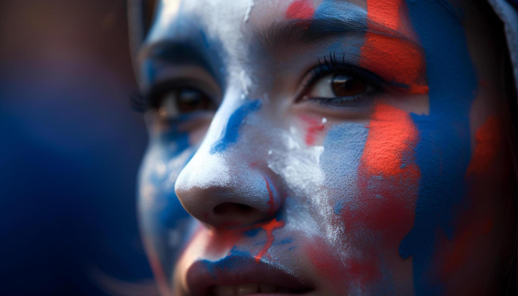 Jeune adulte femme avec bleu visage peindre à la recherche en toute confiance à caméra généré par ai photo