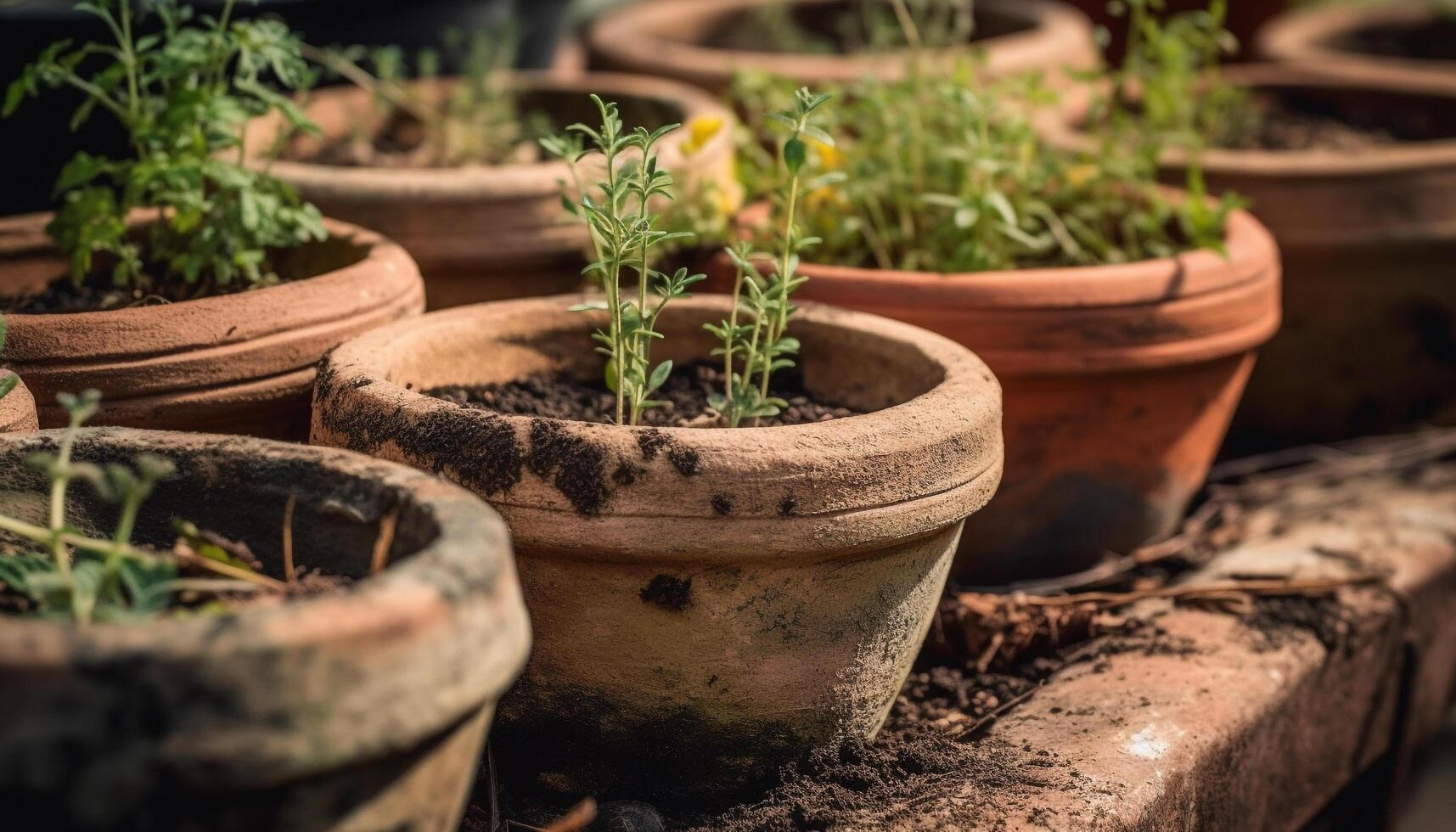 Frais vert semis dans terre cuite pot apporte Nouveau la vie en plein air généré par ai photo