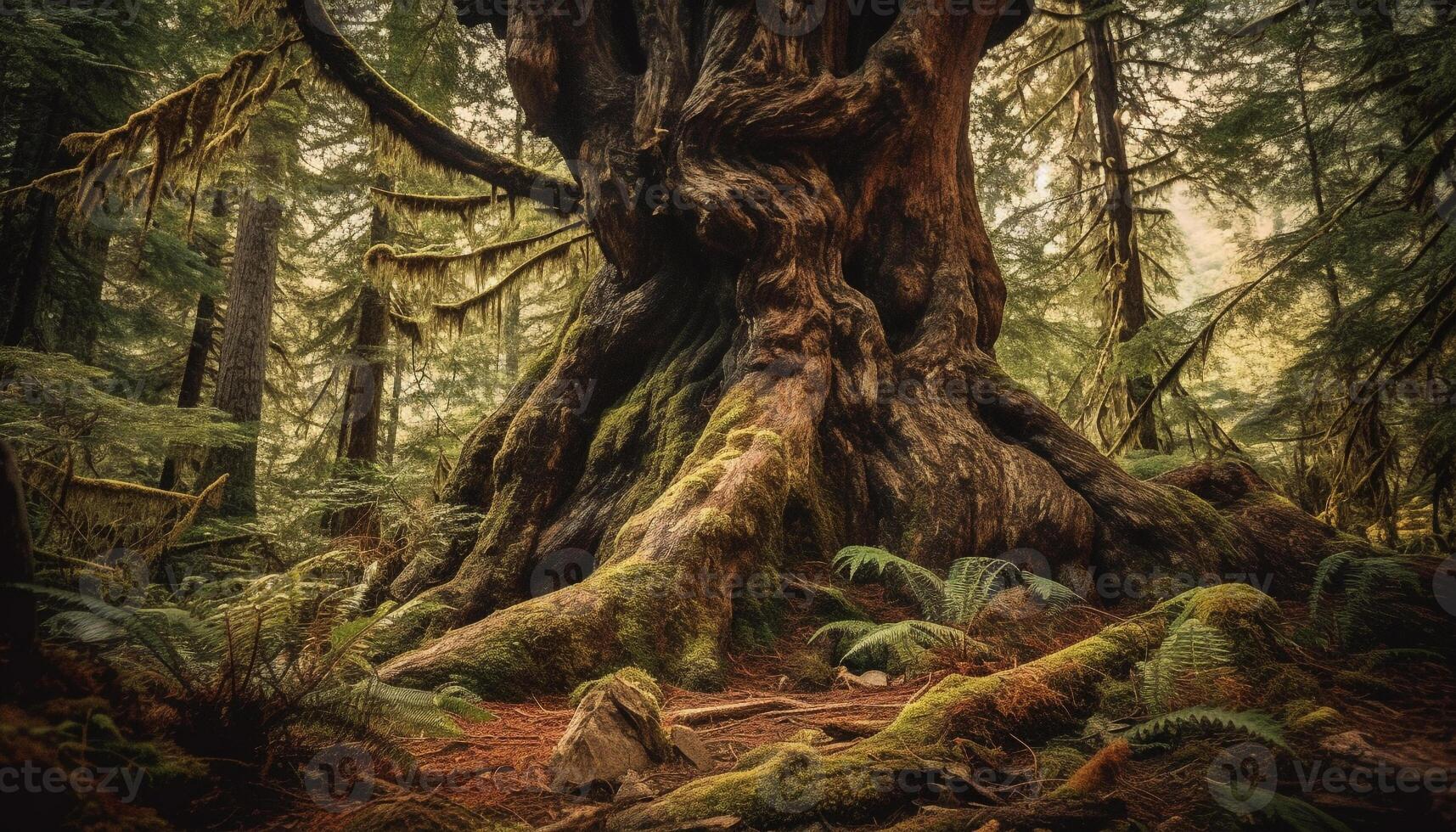 ancien conifère arbre des stands grand dans brumeux région sauvage zone généré par ai photo