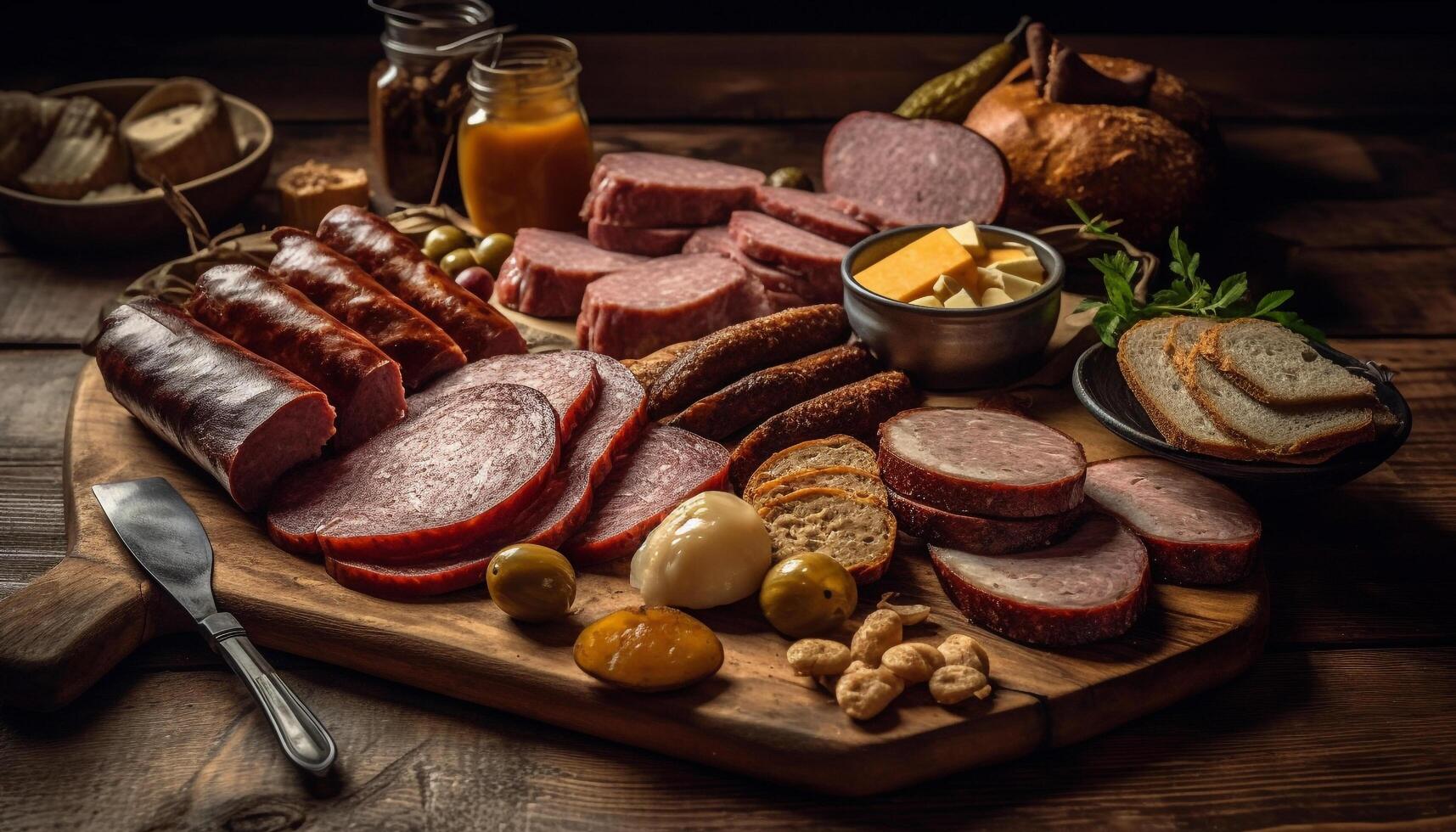 fraîchement tranché salami et prosciutto sur rustique en bois Coupe planche généré par ai photo