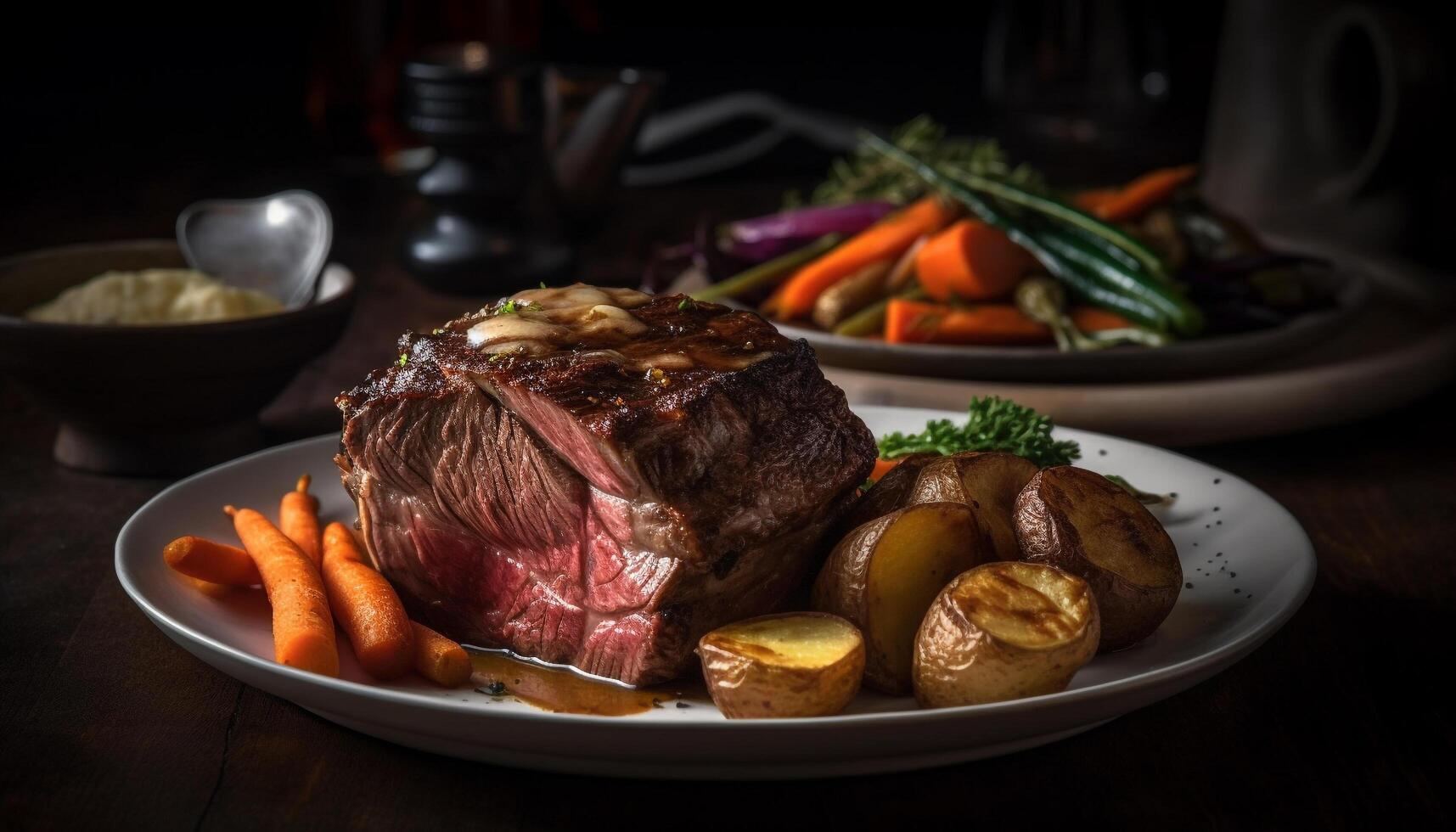 grillé aloyau steak avec Frais des légumes sur rustique assiette généré par ai photo