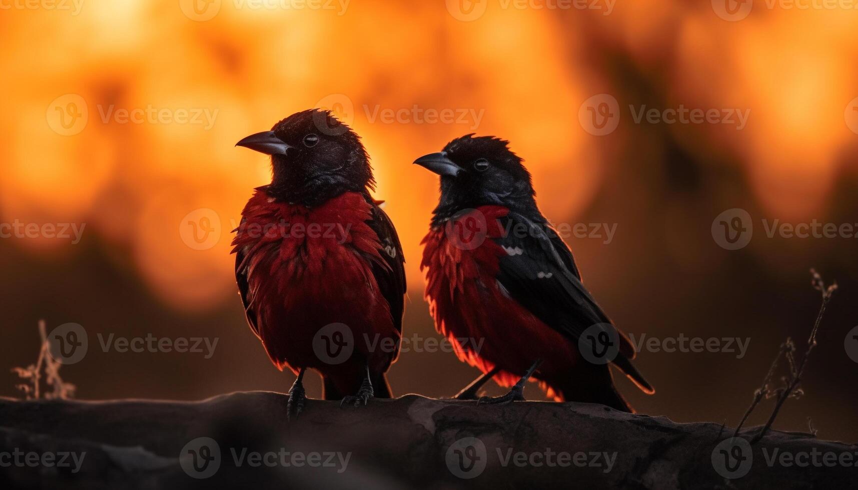 deux étourneaux se percher sur bifurquer, silhouettes contre le coucher du soleil ciel généré par ai photo