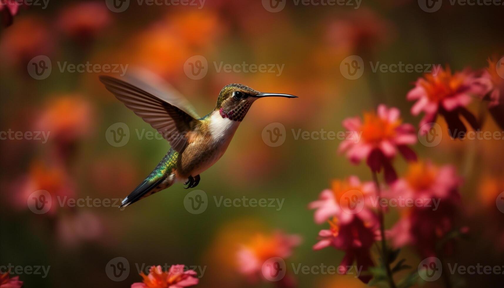 colibri planant milieu air, diffusion ailes, polliniser vibrant fleur fleur généré par ai photo