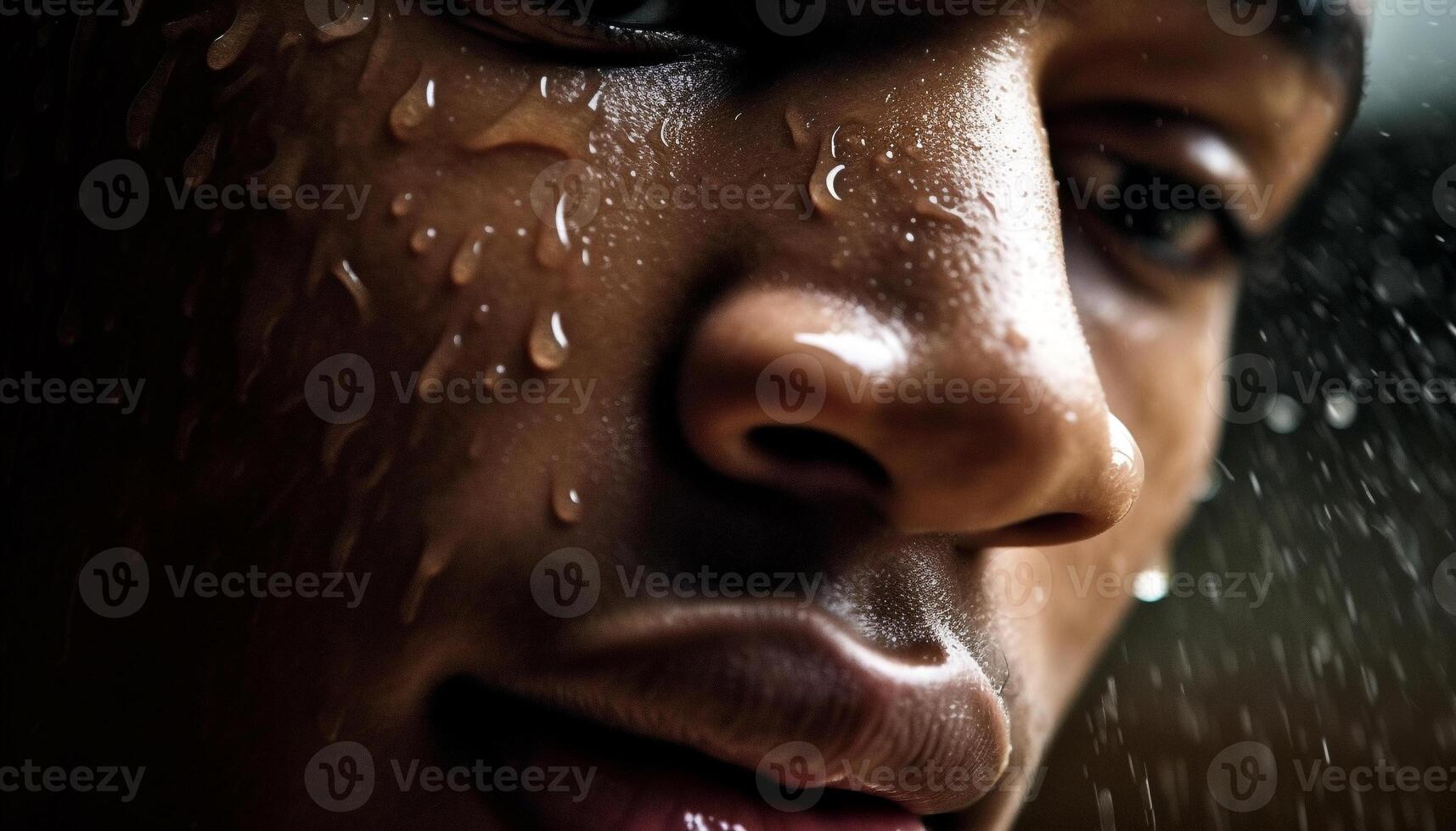souriant Jeune femme jouit goutte de pluie fraîcheur dans Extérieur portrait généré par ai photo