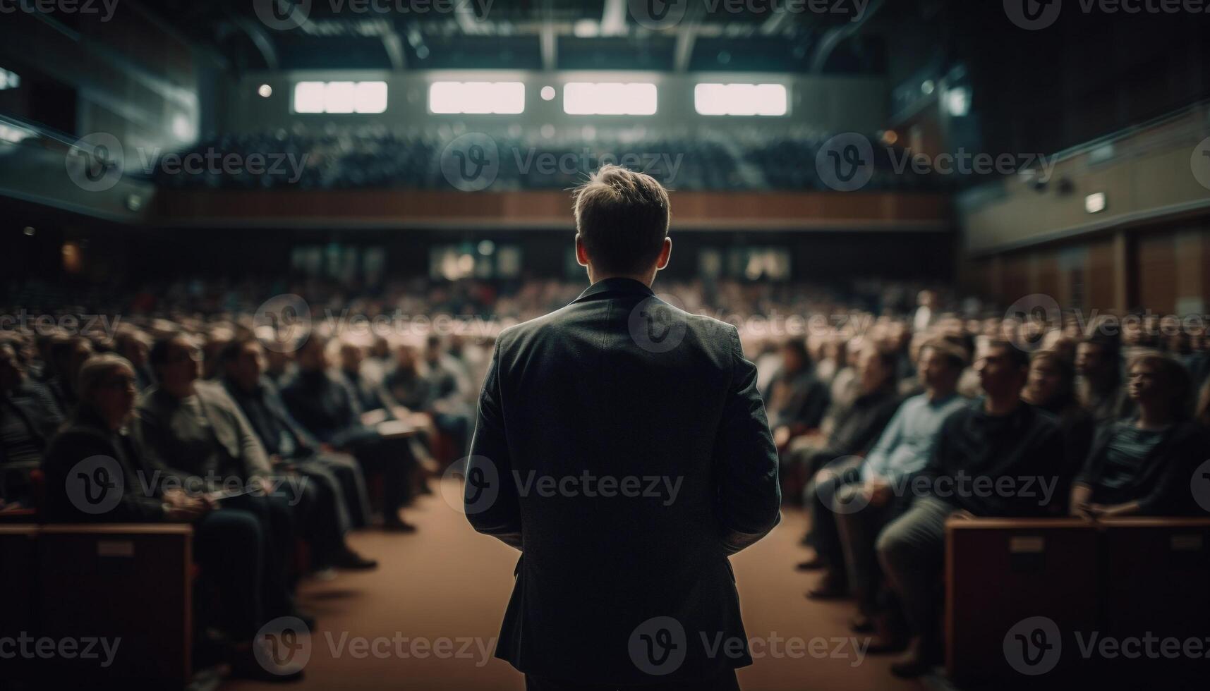 grand groupe de gens séance dans salle en train de regarder présentation généré par ai photo