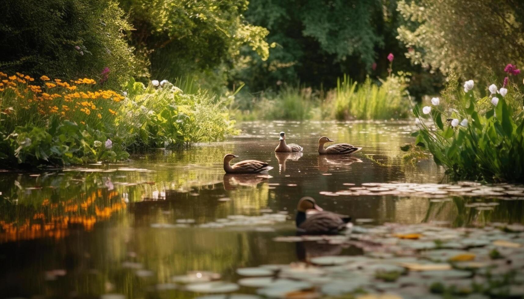 tranquille scène de multi coloré l'eau des oiseaux dans rural Prairie généré par ai photo