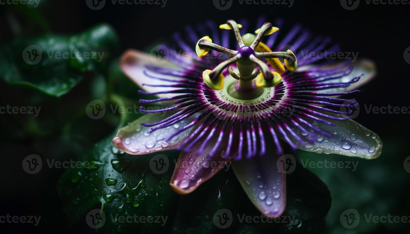 macro violet orchidée fleurir, humide avec rosée, Naturel beauté fond d'écran généré par ai photo