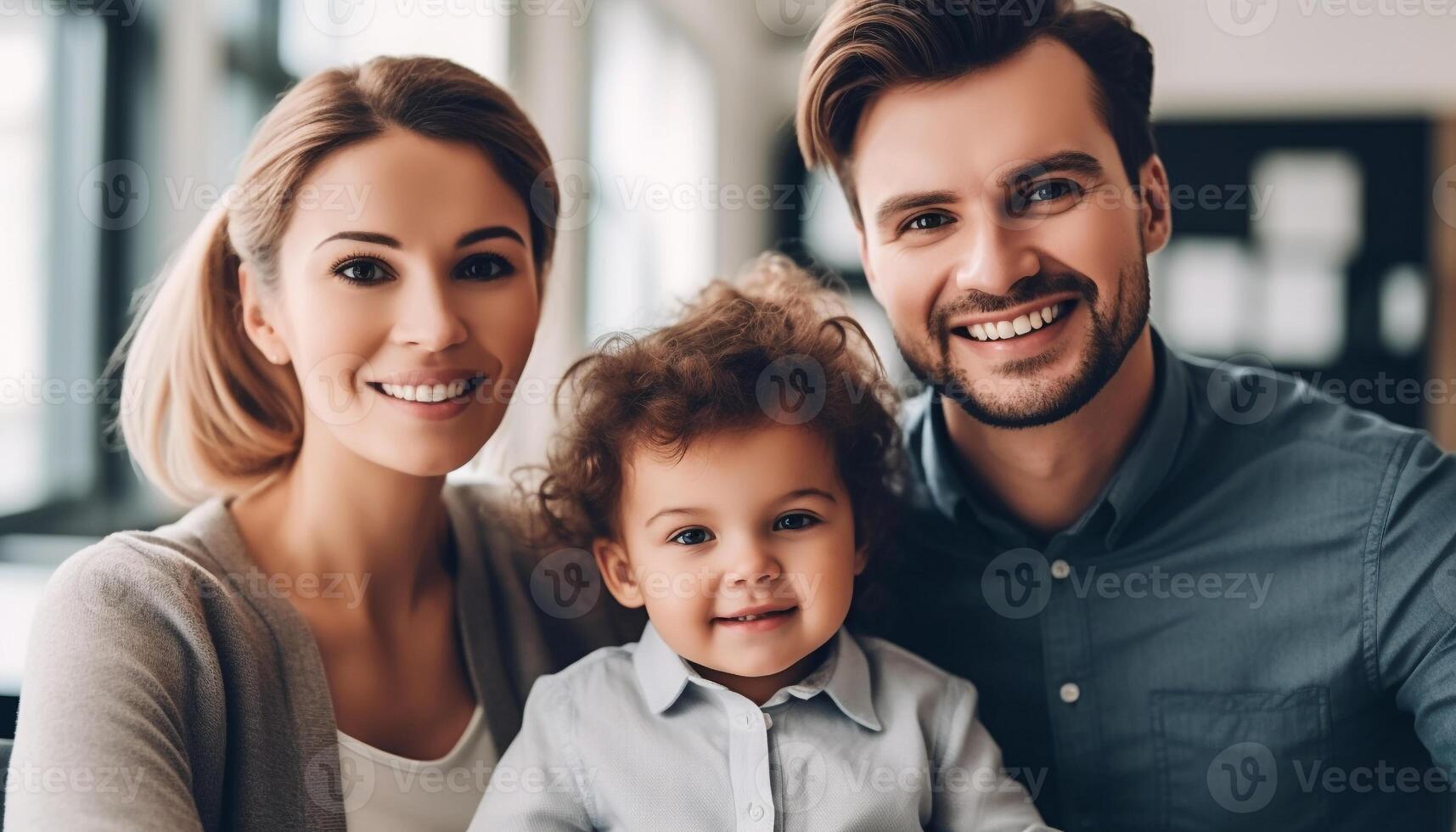 une content famille de trois, souriant et embrassement avec l'amour généré par ai photo