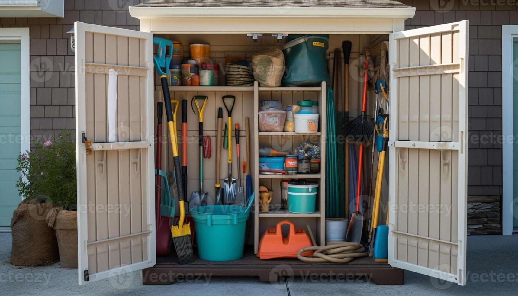 Charpentier boîte à outils bois, clé, pinceau, équipement, et plus généré par ai photo