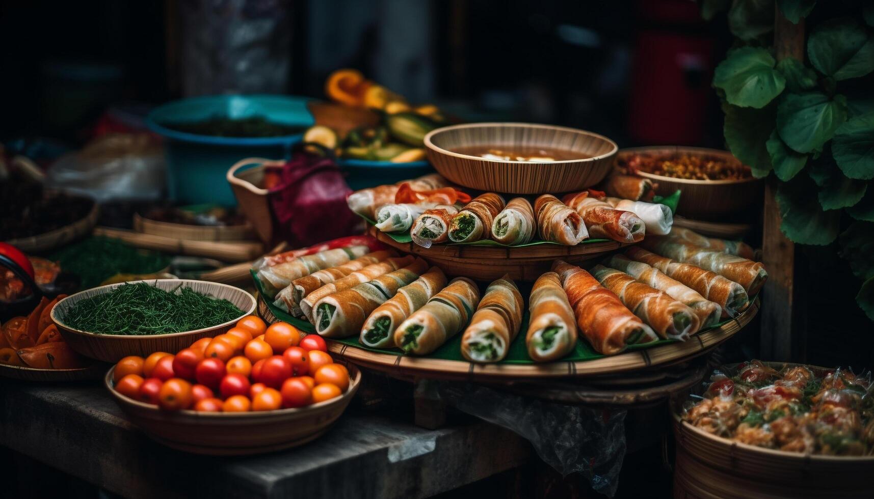 Frais Fruit de mer et légume repas dans en bois bol pour en bonne santé en mangeant généré par ai photo