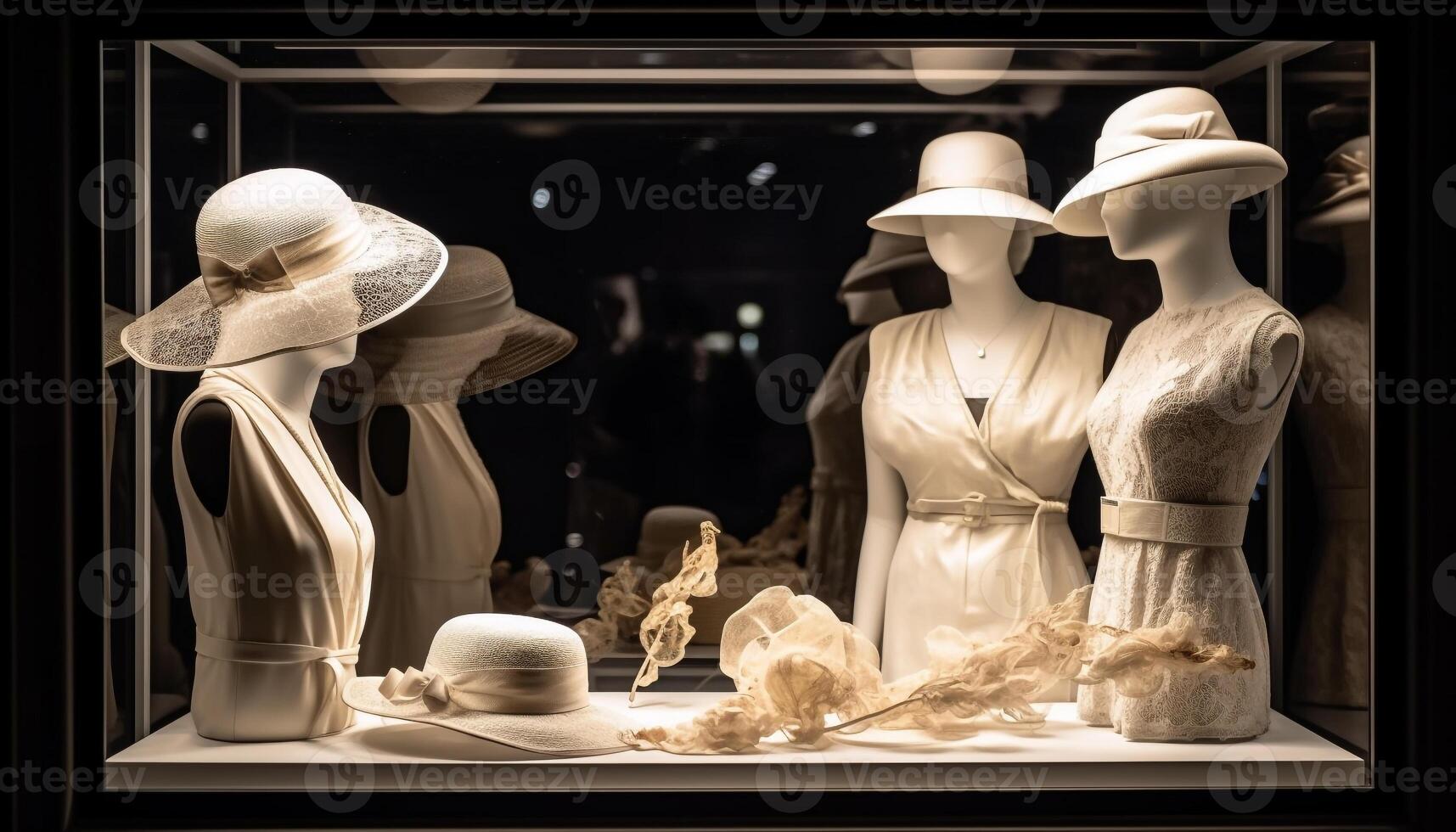 élégant mannequins vitrine moderne Vêtements collection dans luxe boutique fenêtre généré par ai photo