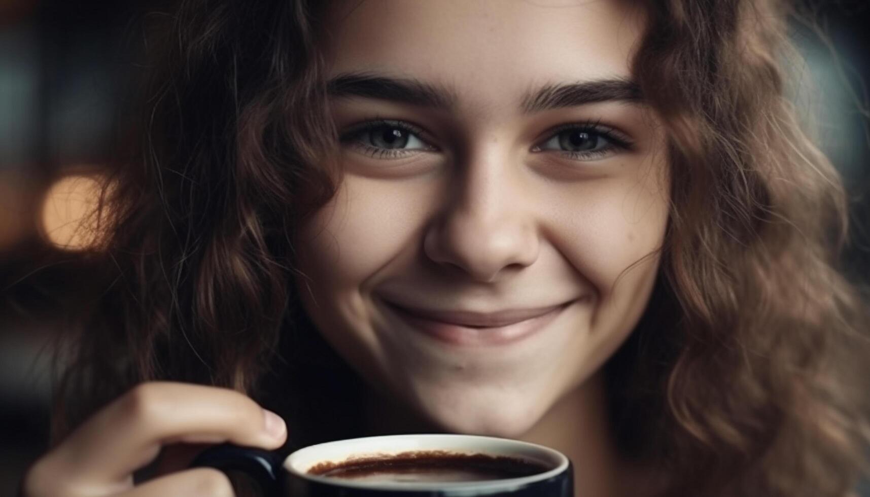 mignonne Jeune femme jouit café en plein air avec confiance et joie généré par ai photo