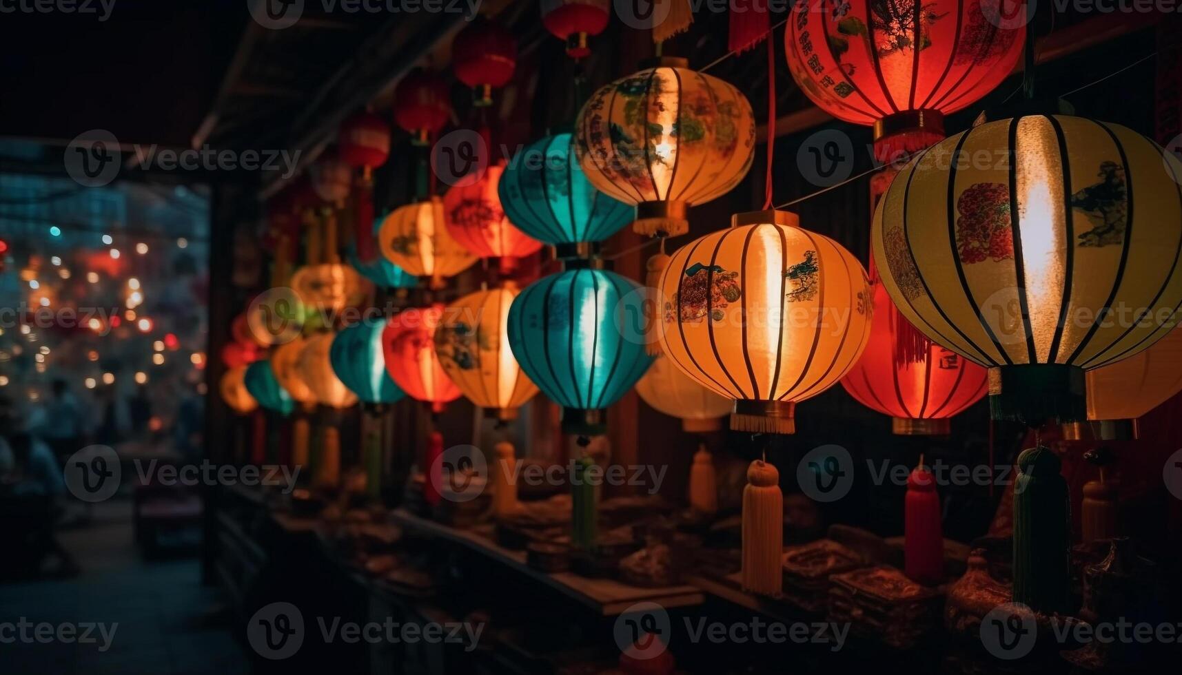 chinois papier lanternes éclairer nuit fête dans traditionnel Festival généré par ai photo