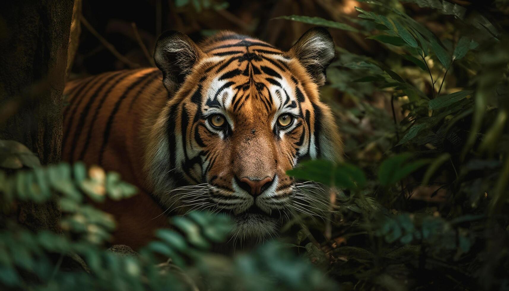 Bengale tigre en regardant, majestueux et dangereux dans le région sauvage zone généré par ai photo