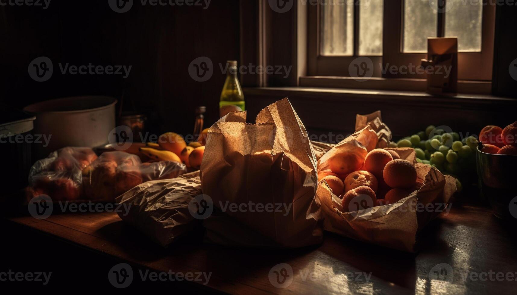 Frais biologique des fruits et des légumes dans rustique en bois panier sur table généré par ai photo