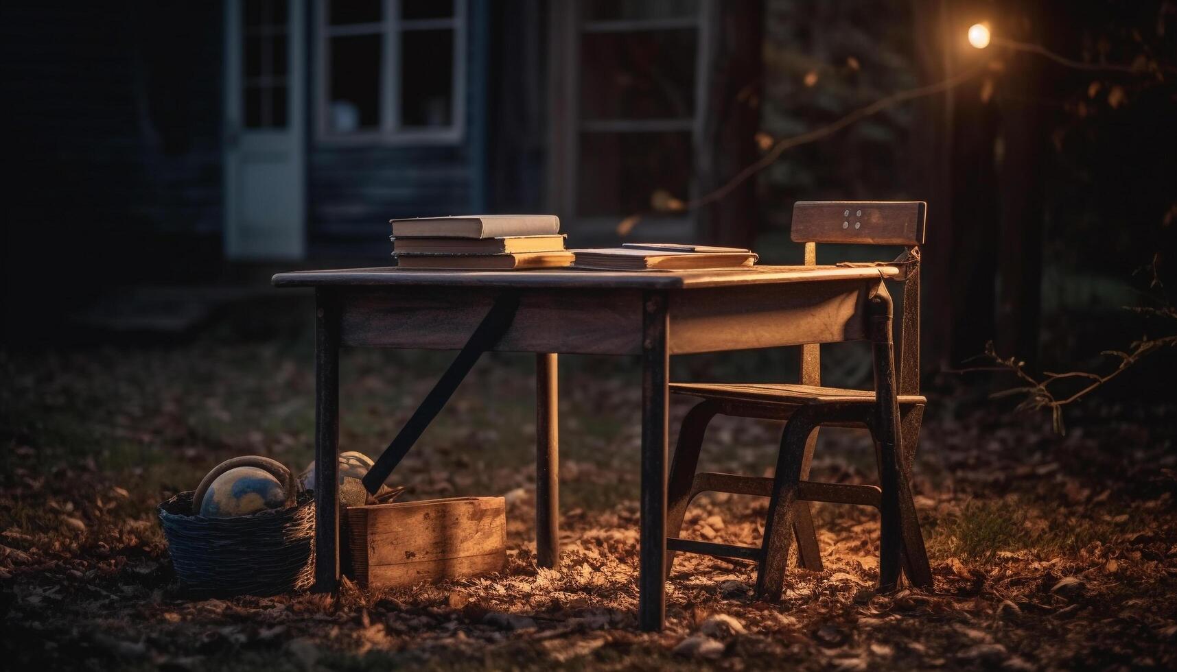 rustique en bois chaise empilés avec livres dans abandonné bibliothèque généré par ai photo