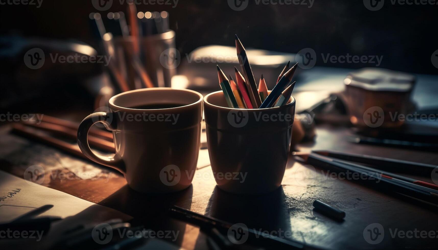 rustique en bois bureau, proche en haut de artiste la créativité avec café généré par ai photo