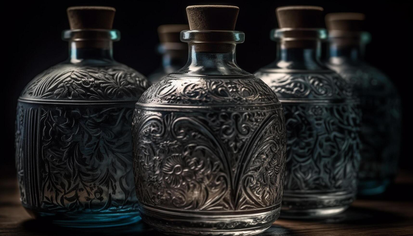 antique whisky bouteille, fleuri verre, luxe encore la vie fête généré par ai photo