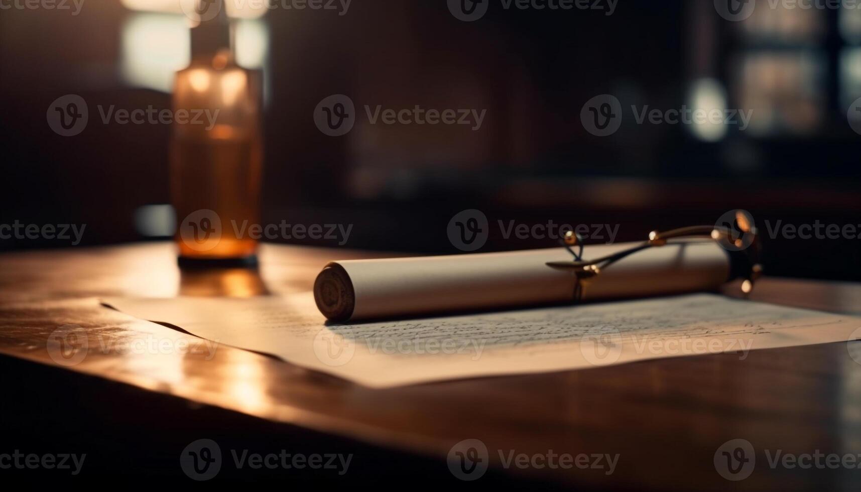 vieux Bible sur en bois bureau illuminé par bougie flamme à l'intérieur généré par ai photo