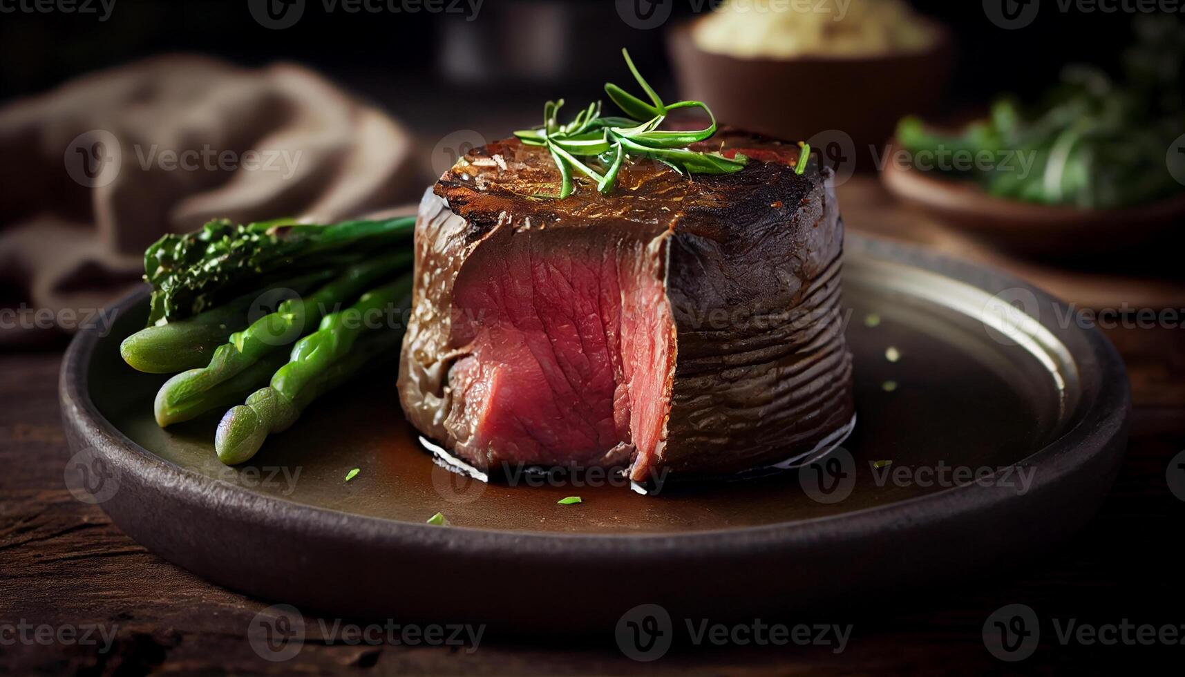 fraîchement grillé steak avec asperges sur assiette généré par ai photo