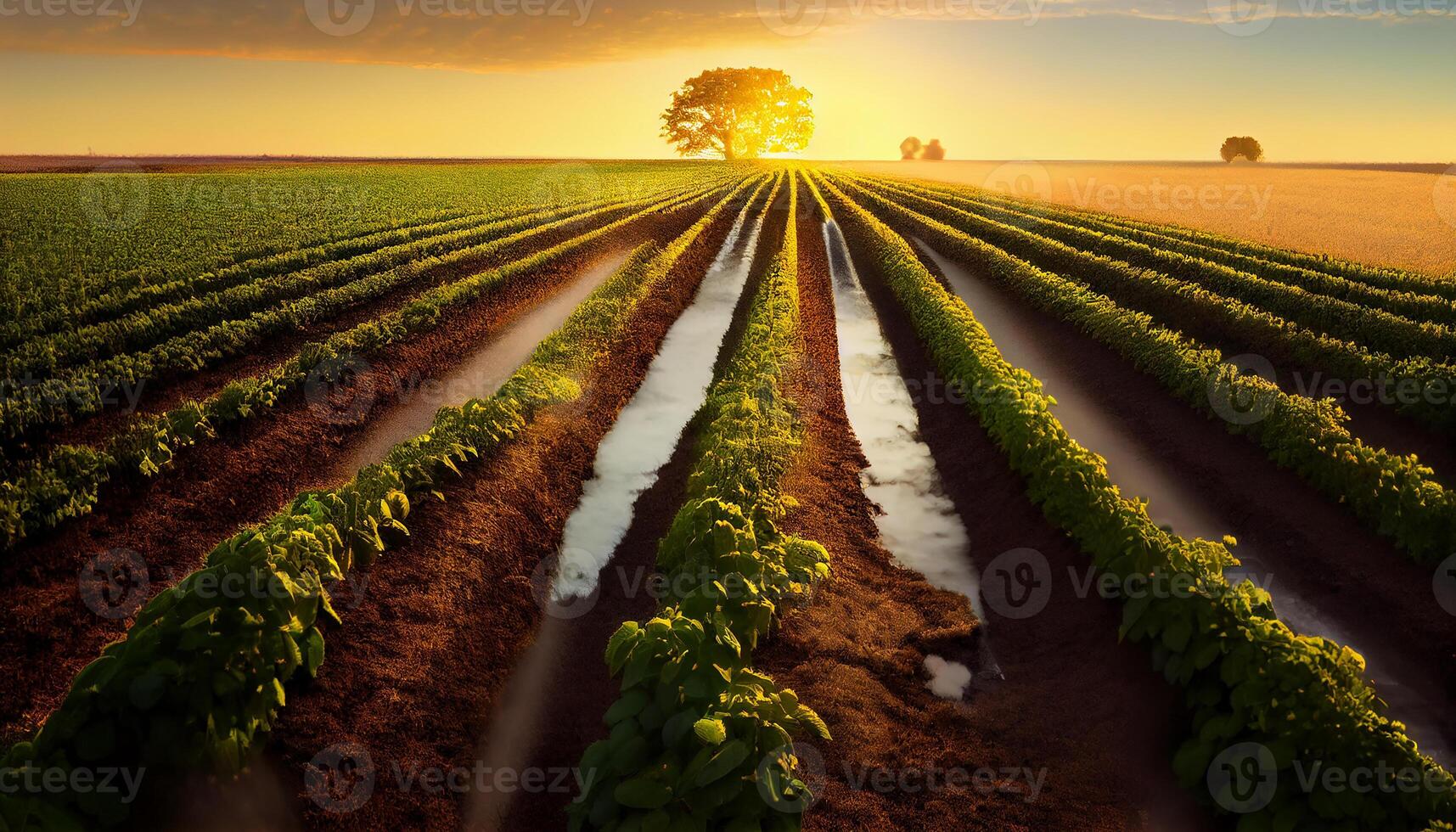 une vibrant le coucher du soleil plus de une cultivé ferme terre ,génératif ai photo