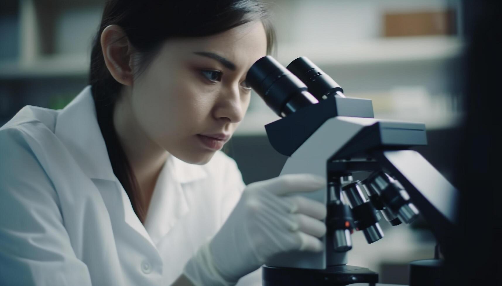 Jeune scientifique en cours d'analyse liquide avec microscope dans laboratoire, se concentrer intensément génératif ai photo