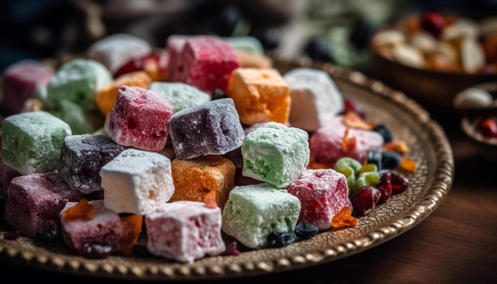 turc plaisir, Baklava, et guimauve une sucré indulgence tas génératif ai photo