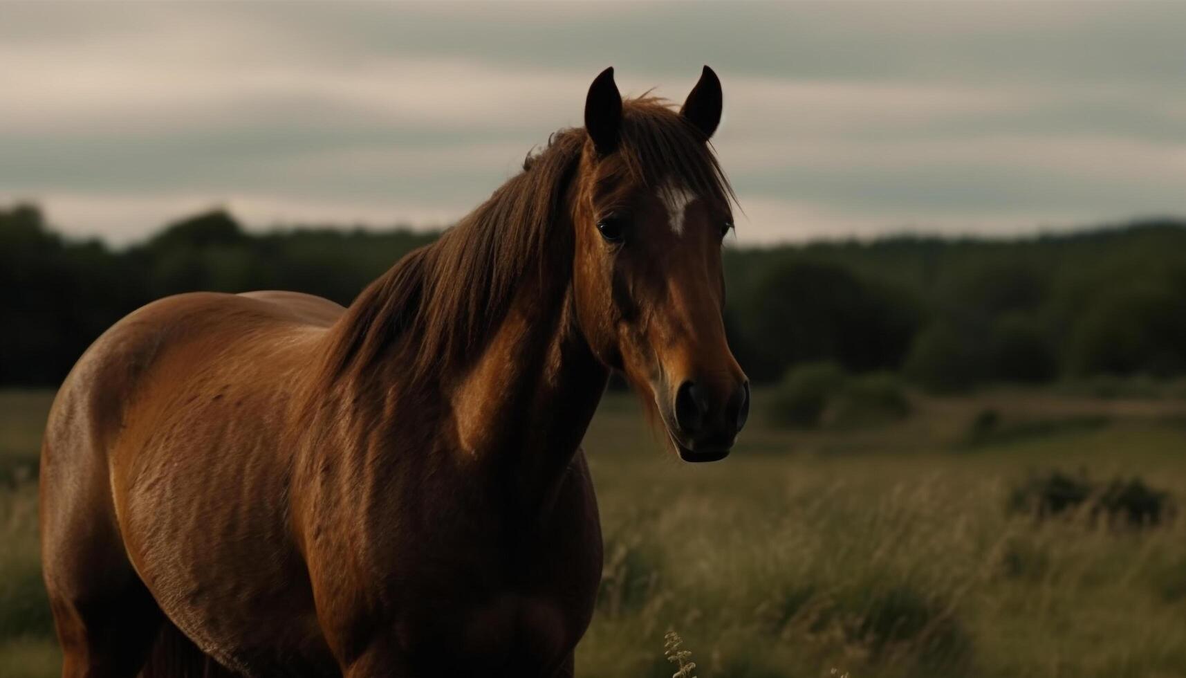 étalon broute dans tranquille Prairie à coucher de soleil, entouré par beauté généré par ai photo