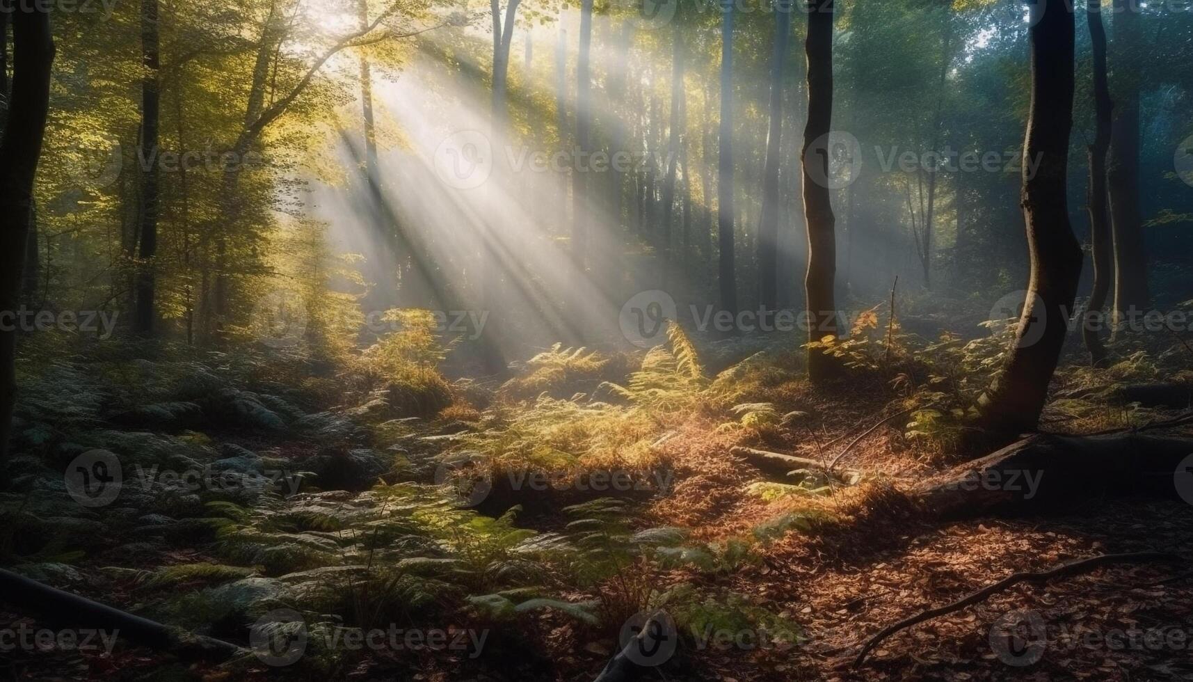 tranquille scène de l'automne forêt, mystère dans non Urbain région sauvage généré par ai photo