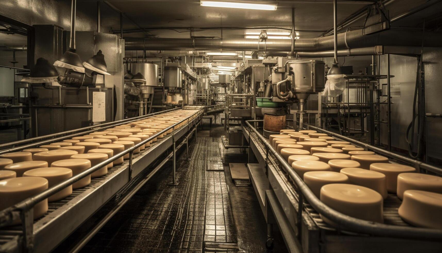 moderne nourriture En traitement usine, grand machinerie à l'intérieur généré par ai photo